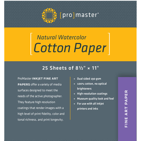 ProMaster Natural Watercolor Cotton Paper - 8 1/2"x11" - 25 Sheets - Print-Scan-Present - ProMaster - Helix Camera 